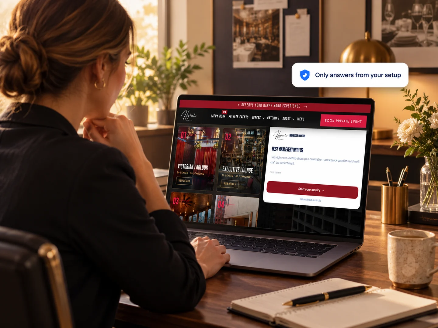 An events manager reviewing the restaurant’s own rooms and packages on a laptop