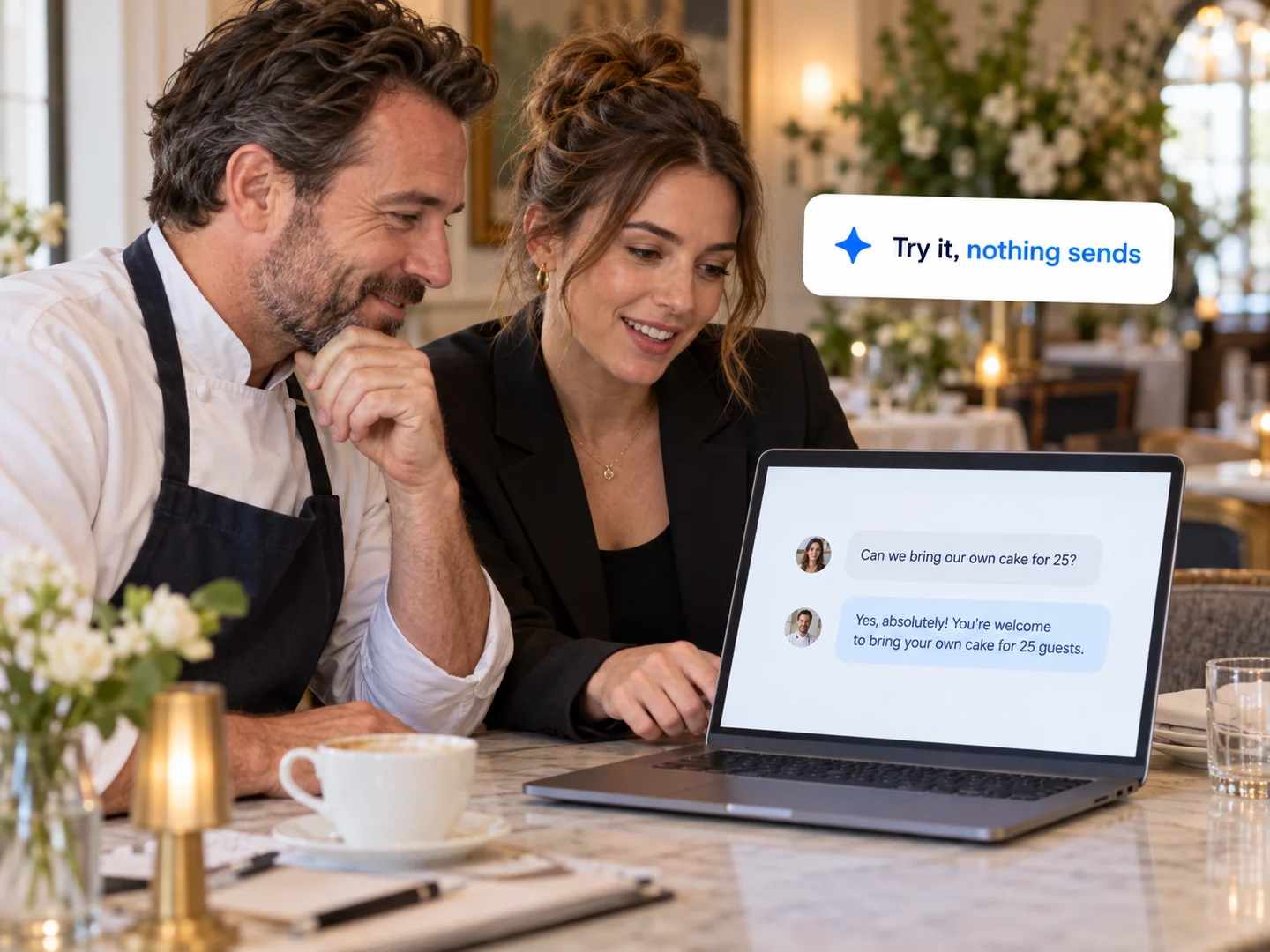 An owner and events manager testing a question and answer together on a laptop