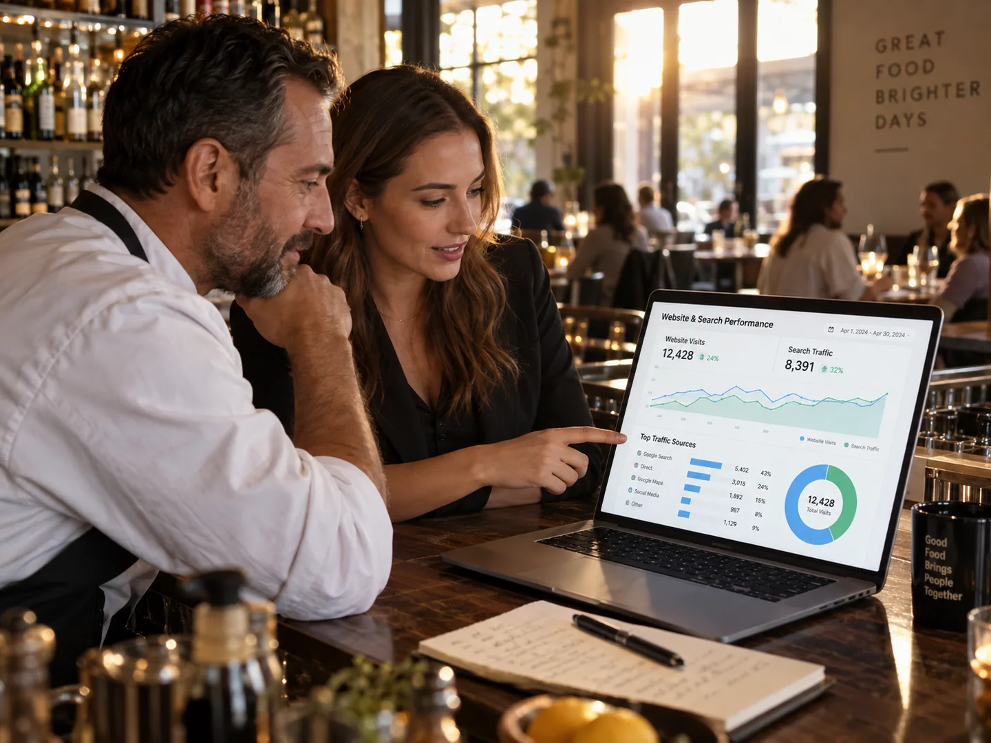 An owner and his marketer at the bar going through website visits and search traffic together on one laptop
