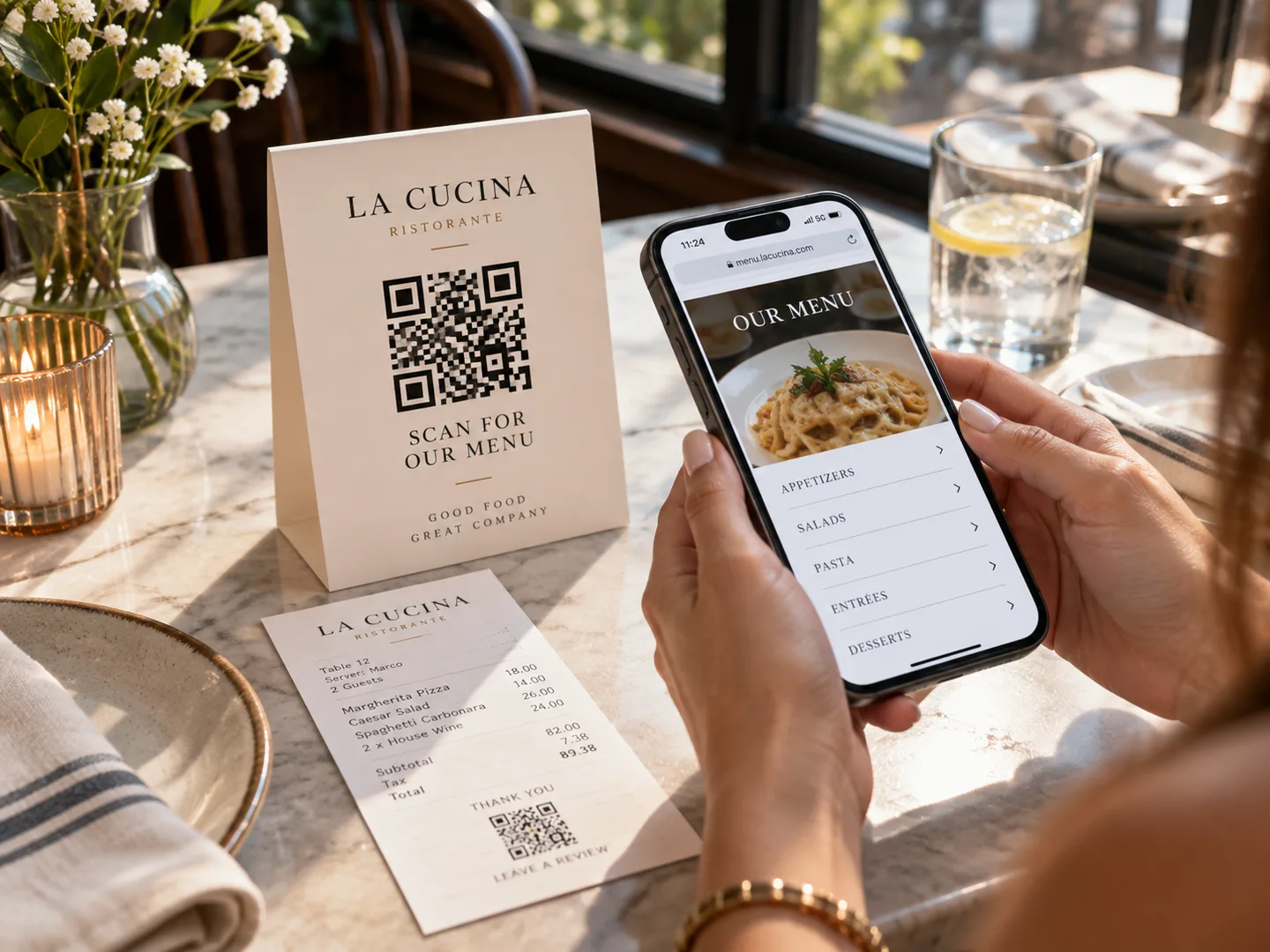 A guest scanning a menu QR code from a table tent on her phone, beside a receipt with a review code printed on it