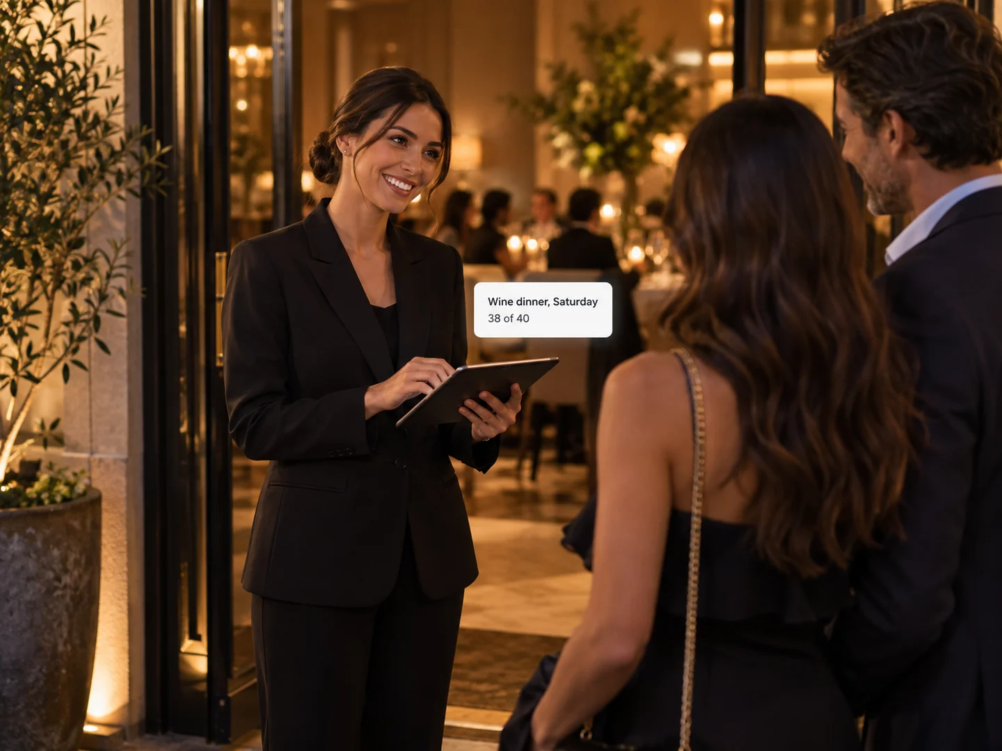A host greeting arriving guests with the night’s RSVP list on a tablet