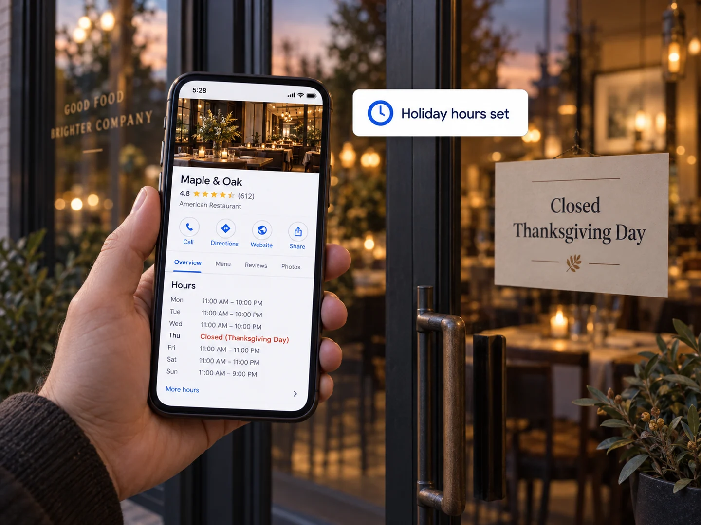 A phone held up at a restaurant door showing Google holiday hours, beside a Closed Thanksgiving Day sign