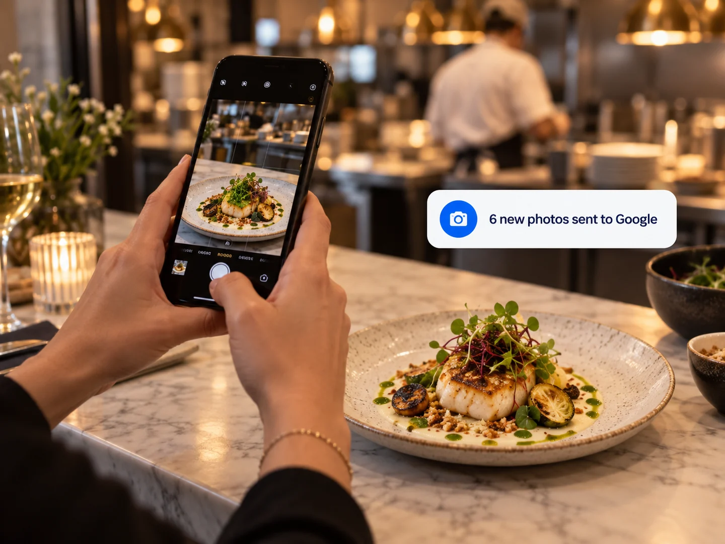 A phone photographing a plated dish, with new photos sent to Google