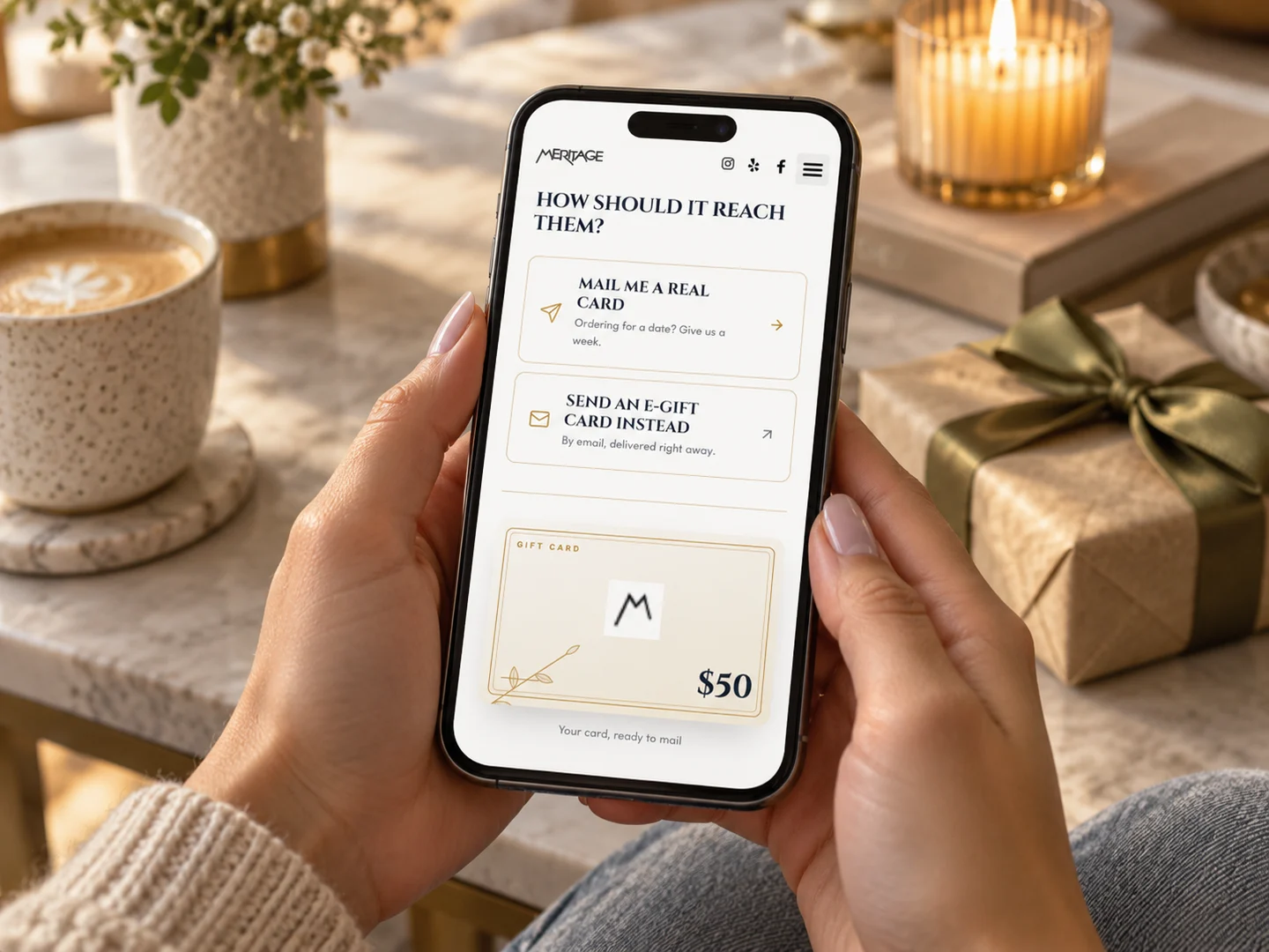 A guest on their phone choosing between mailing a real gift card or sending an e-gift card