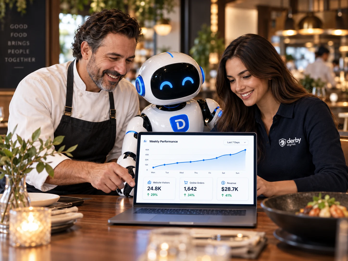 A restaurant owner and a Derby team member going over the weekly performance report on a laptop
