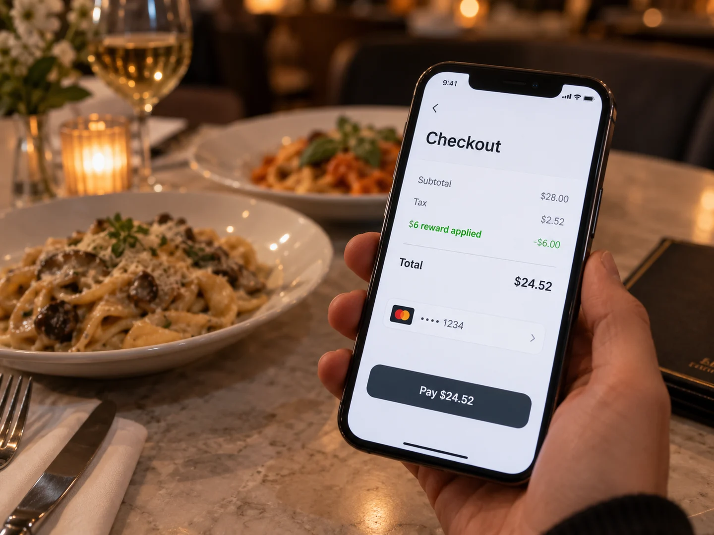 A guest at the table checking out on their phone with a reward applied to the order