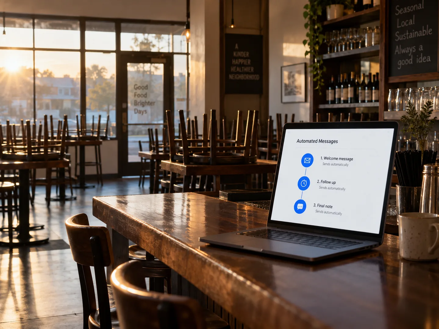 A laptop on the bar of an empty restaurant at dawn, running a welcome, a follow-up and a final note on its own