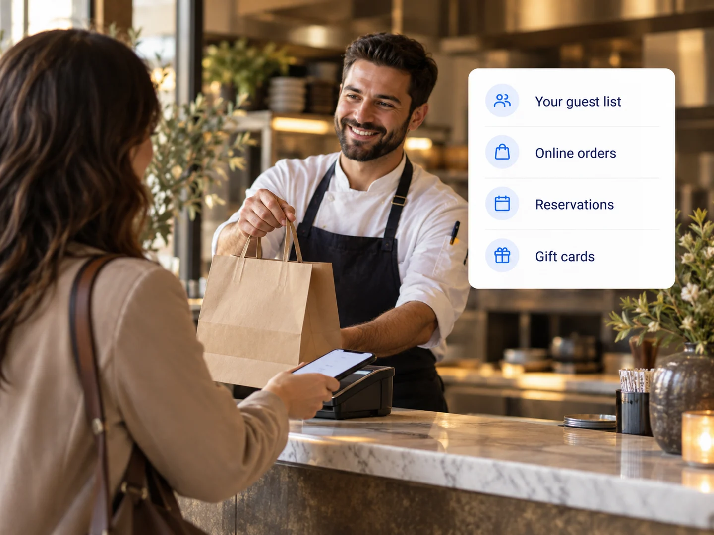 A guest paying at the counter, with their details joining the guest list from orders, reservations and gift cards