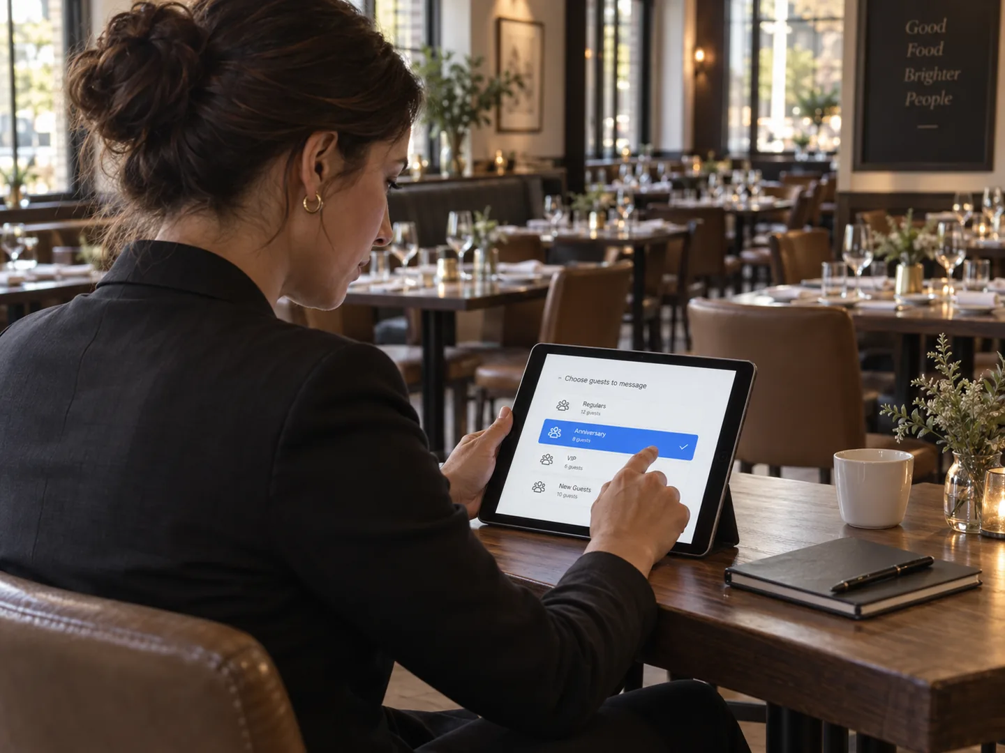 A manager at a table before service picking which group of guests to message on a tablet