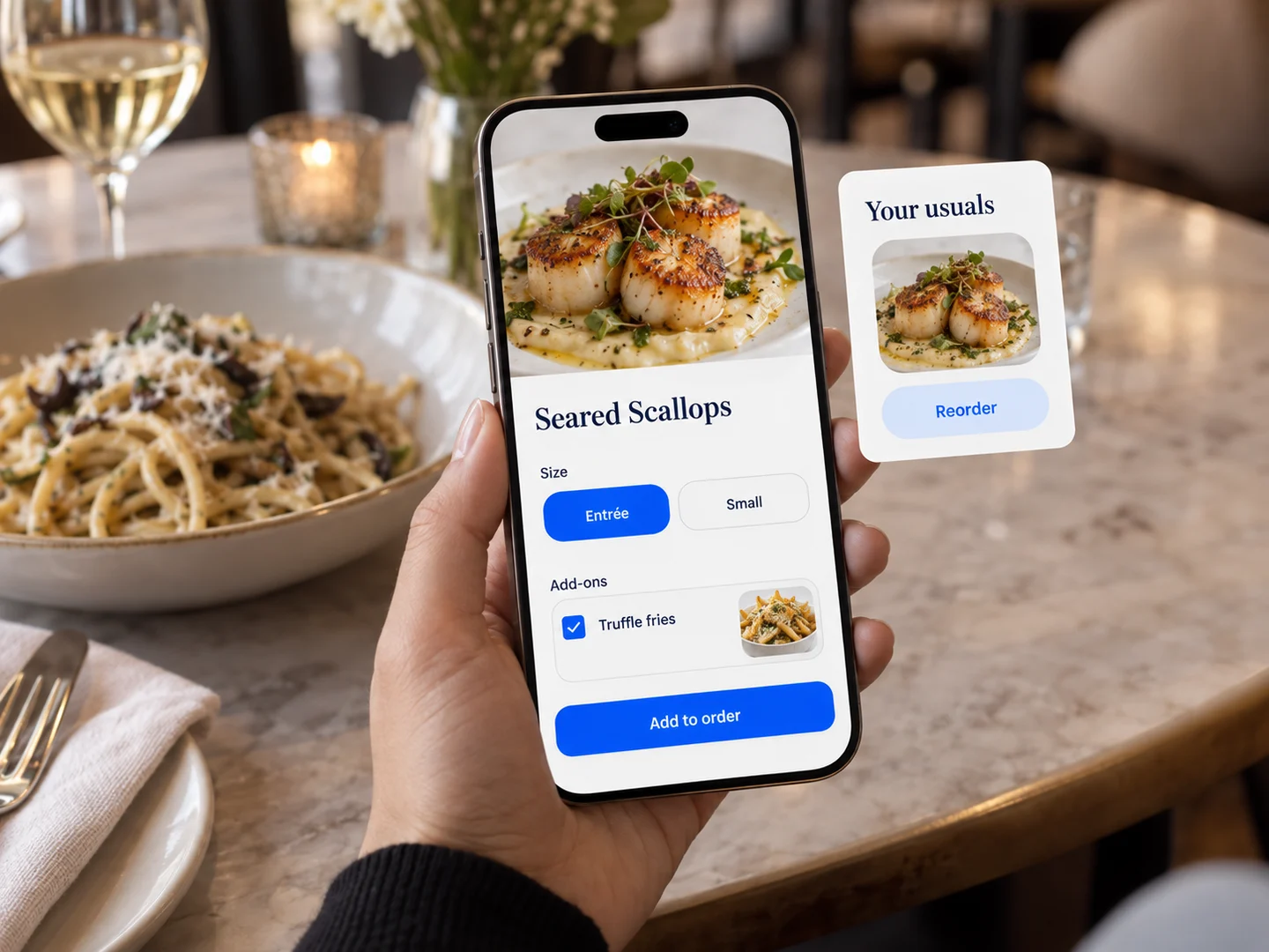 A guest ordering seared scallops on their phone, with a reorder card for their usuals