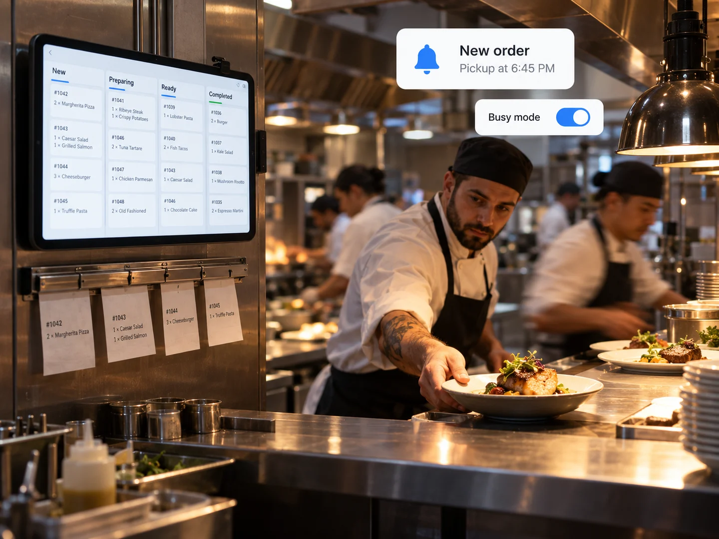 A kitchen working from the order board on a tablet, with a new order alert and busy mode switched on