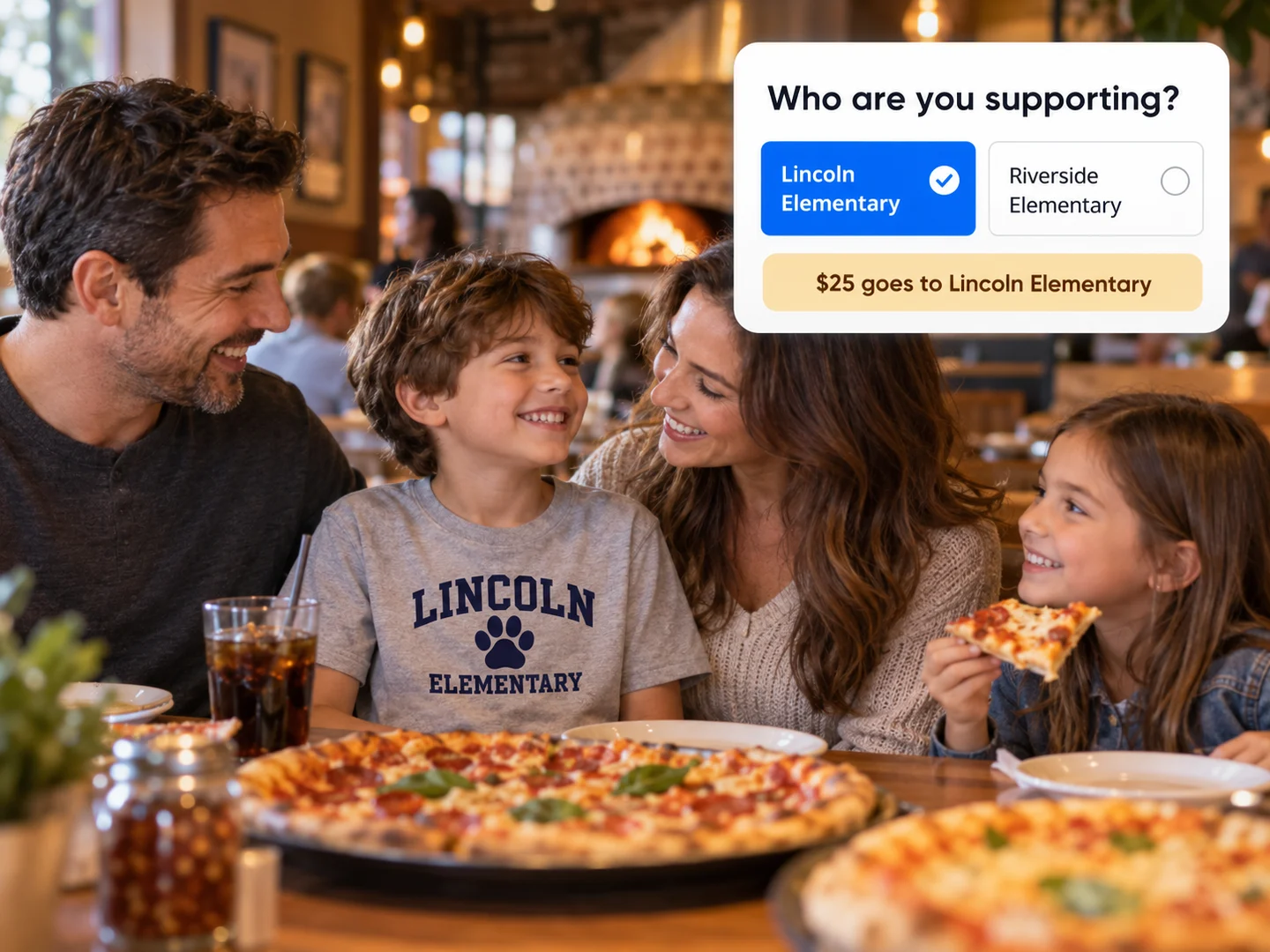 A family at a pizzeria choosing which elementary school their pass supports