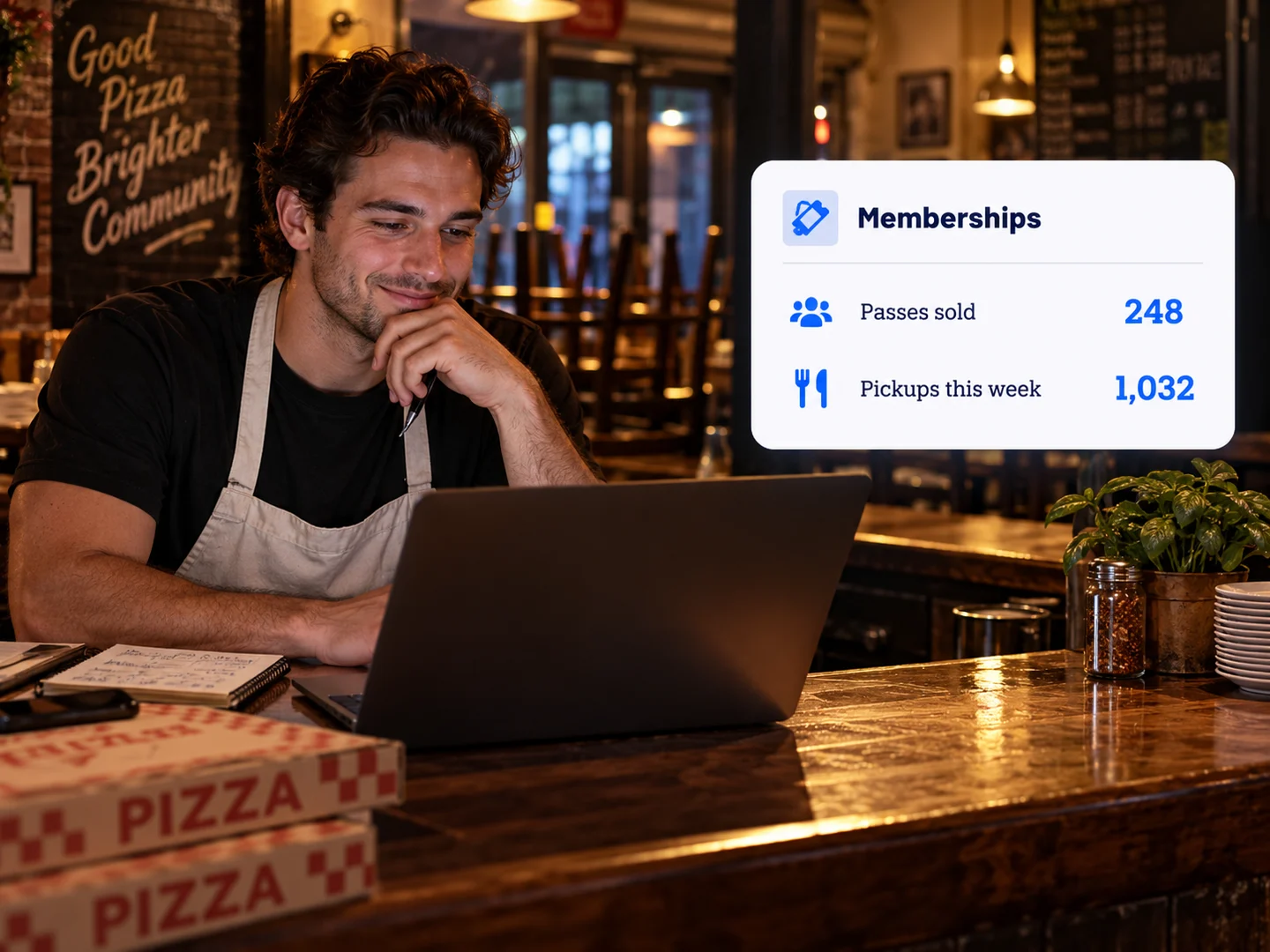 A pizzeria owner at the counter after close checking passes sold and pickups this week