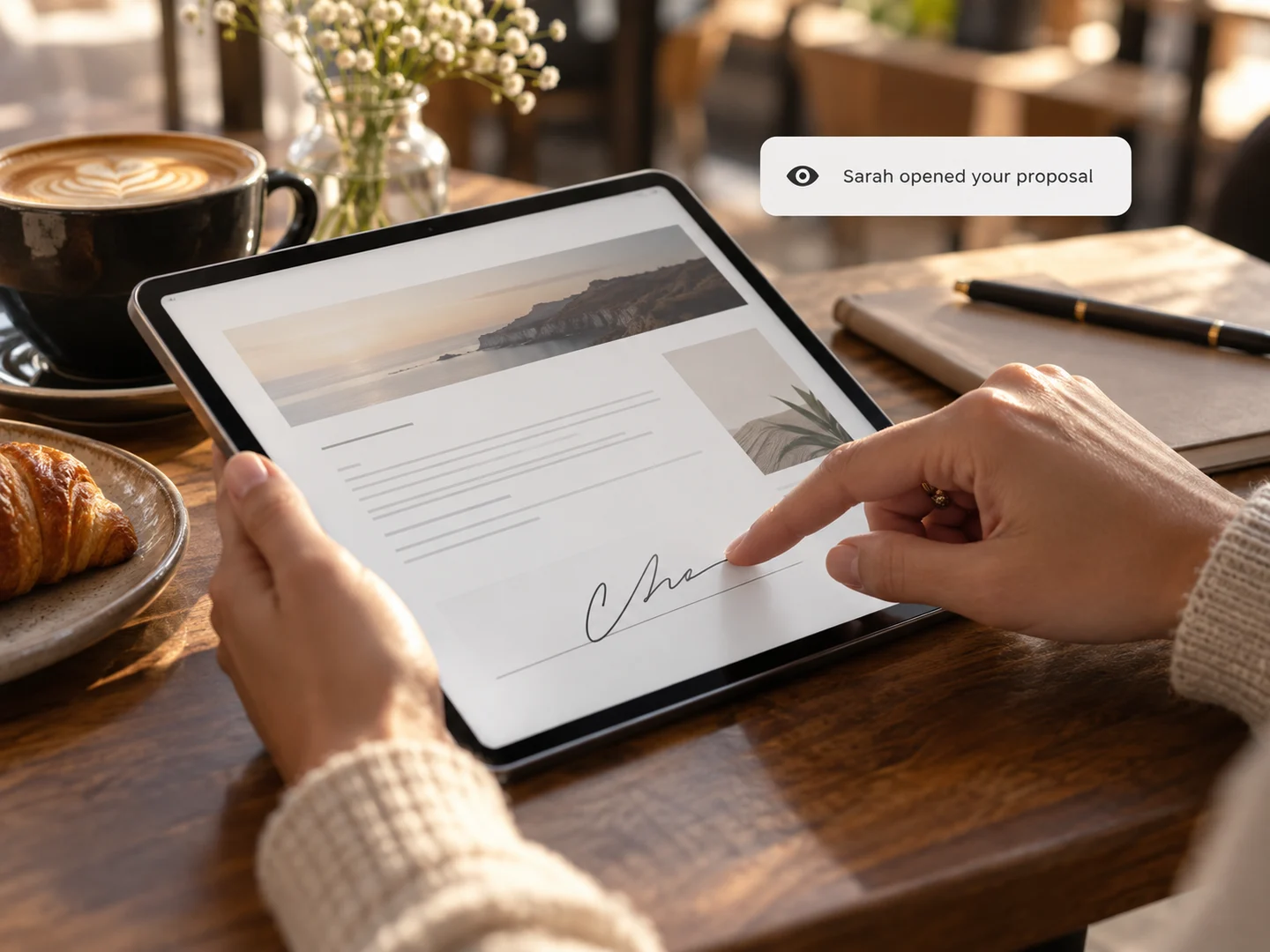 A guest signing a proposal on a tablet, with a note that they opened it
