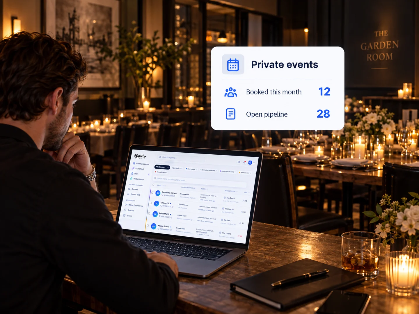 An owner in a private dining room reviewing booked events and open pipeline in DerbyFlow