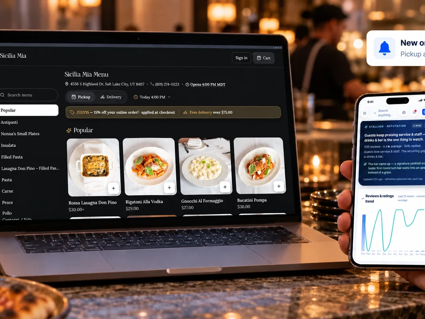 A restaurant’s own order page open on a laptop with a new order alert, and DerbyFlow on a phone