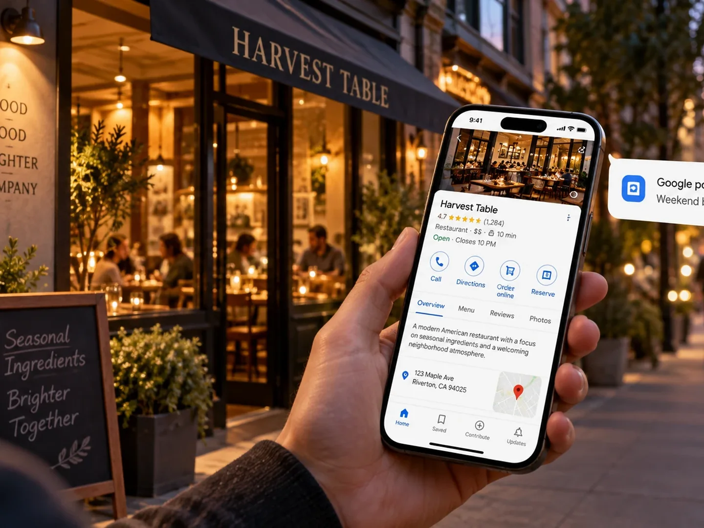 A guest outside a restaurant at dusk viewing its Google listing with order and reserve buttons