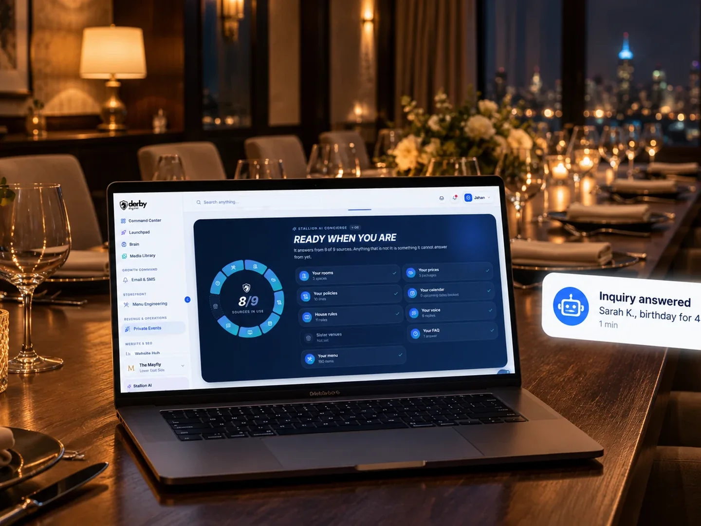 A laptop on a set private dining table at night showing DerbyFlow, with an inquiry answered in one minute
