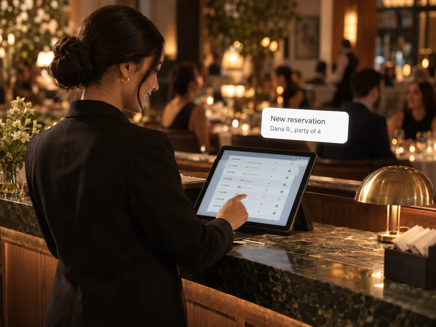 A host working tonight’s bookings on a tablet at the host stand