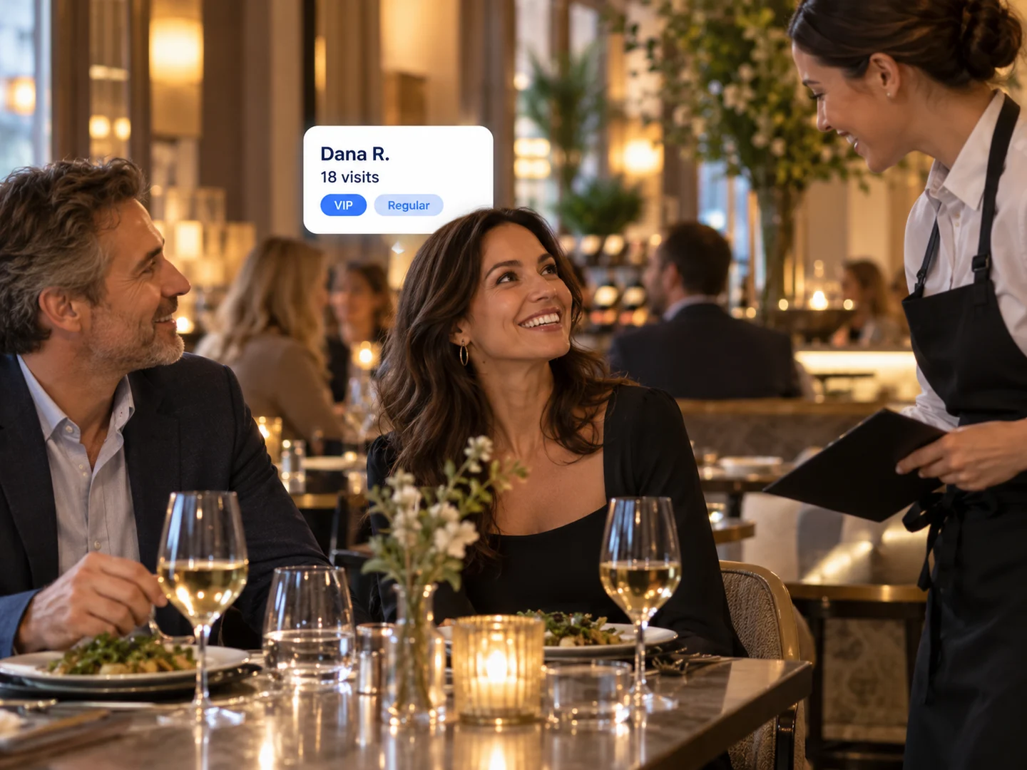 A server greeting regulars, with their guest record showing visits and tags