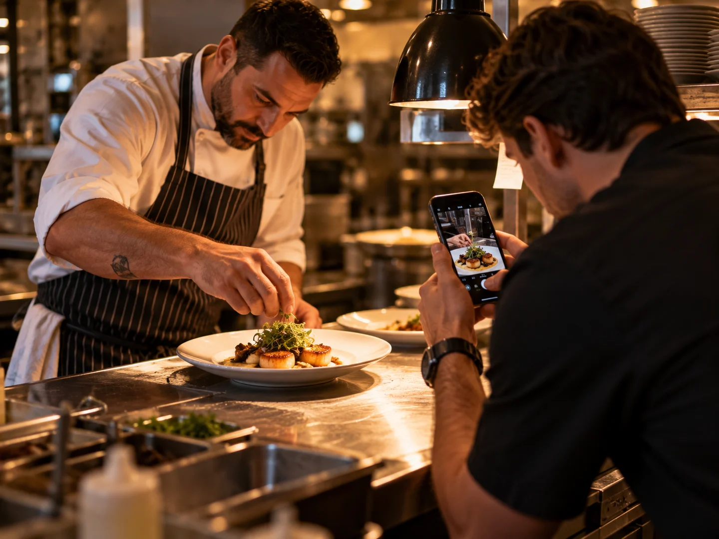 A chef plating a dish while the owner photographs it for a new special