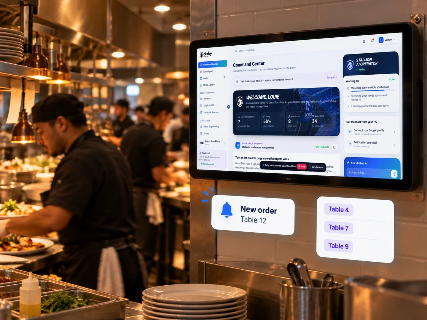 A kitchen line with DerbyFlow on a wall screen and table order alerts for Tables 4, 7, 9 and 12