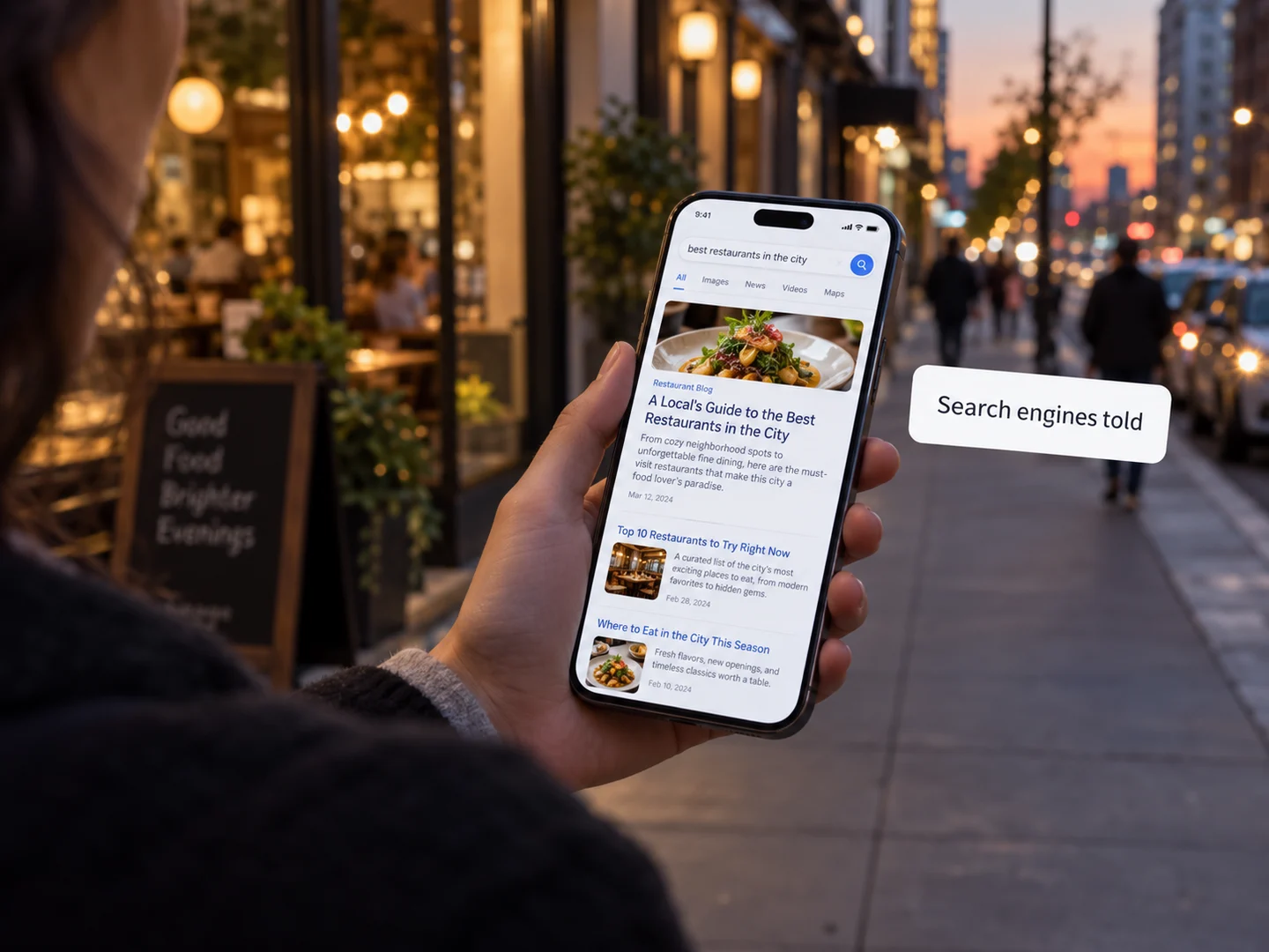 A person on a city sidewalk finding a restaurant’s blog article in search results on their phone