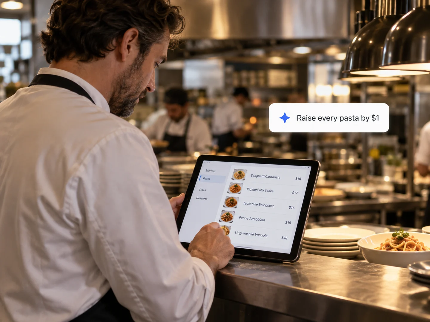 A chef updating menu prices on a tablet at the pass
